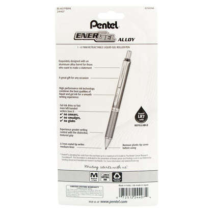 Pentel PINK BCA EnerGel Alloy Retractable Premium Liquid Gel Pen, (0.7mm) Metal Tip, Medium Line, Pink Barrel, Black Ink 1-Pk (BL407PBPA), 72 Each