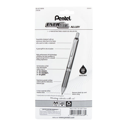 Pentel EnerGel Alloy Retractable Premium Liquid Gel Pen, (0.7mm) Metal Tip, Medium Line, Violet Barrel, Black Ink, 1-Pk (BL407VBPA)