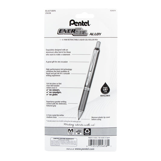 Pentel EnerGel Alloy Retractable Premium Liquid Gel Pen, (0.7mm) Metal Tip, Medium Line, Violet Barrel, Black Ink, 1-Pk (BL407VBPA)