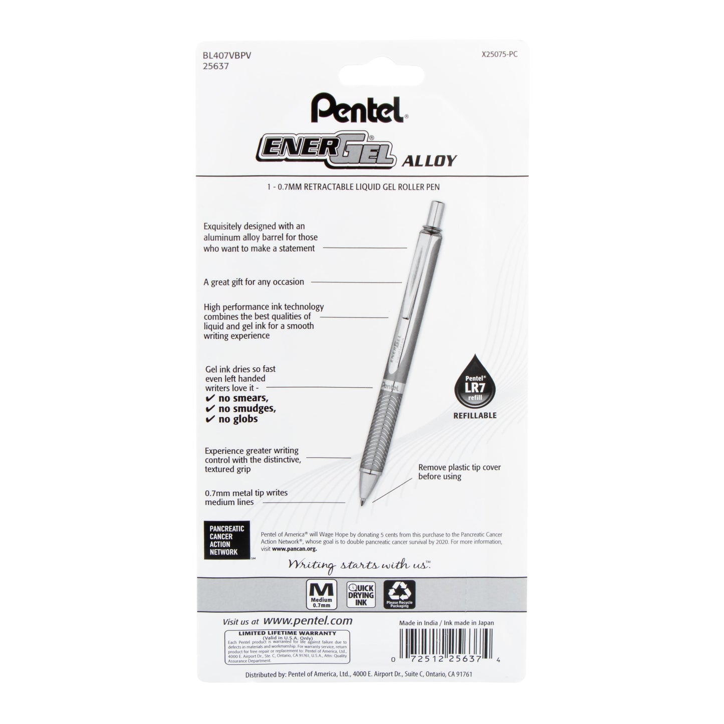 Pentel EnerGel Alloy Retractable Premium Liquid Gel Pen, (0.7mm) Metal Tip, Medium Line, Violet Barrel, Violet Ink, 1-Pk (BL407VBPV), 72 Each