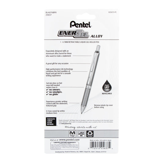 Pentel EnerGel Alloy Retractable Premium Liquid Gel Pen, (0.7mm) Metal Tip, Medium Line, Violet Barrel, Violet Ink, 1-Pk (BL407VBPV), 72 Each