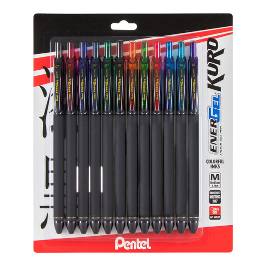 Pentel EnerGel Kuro Liquid Gel Pen, (0.7mm) Medium line, Assorted Ink (A,B,C,CA,D,E,F,K,P,S,S3,V), 12-pk (BL437R1BP12M)