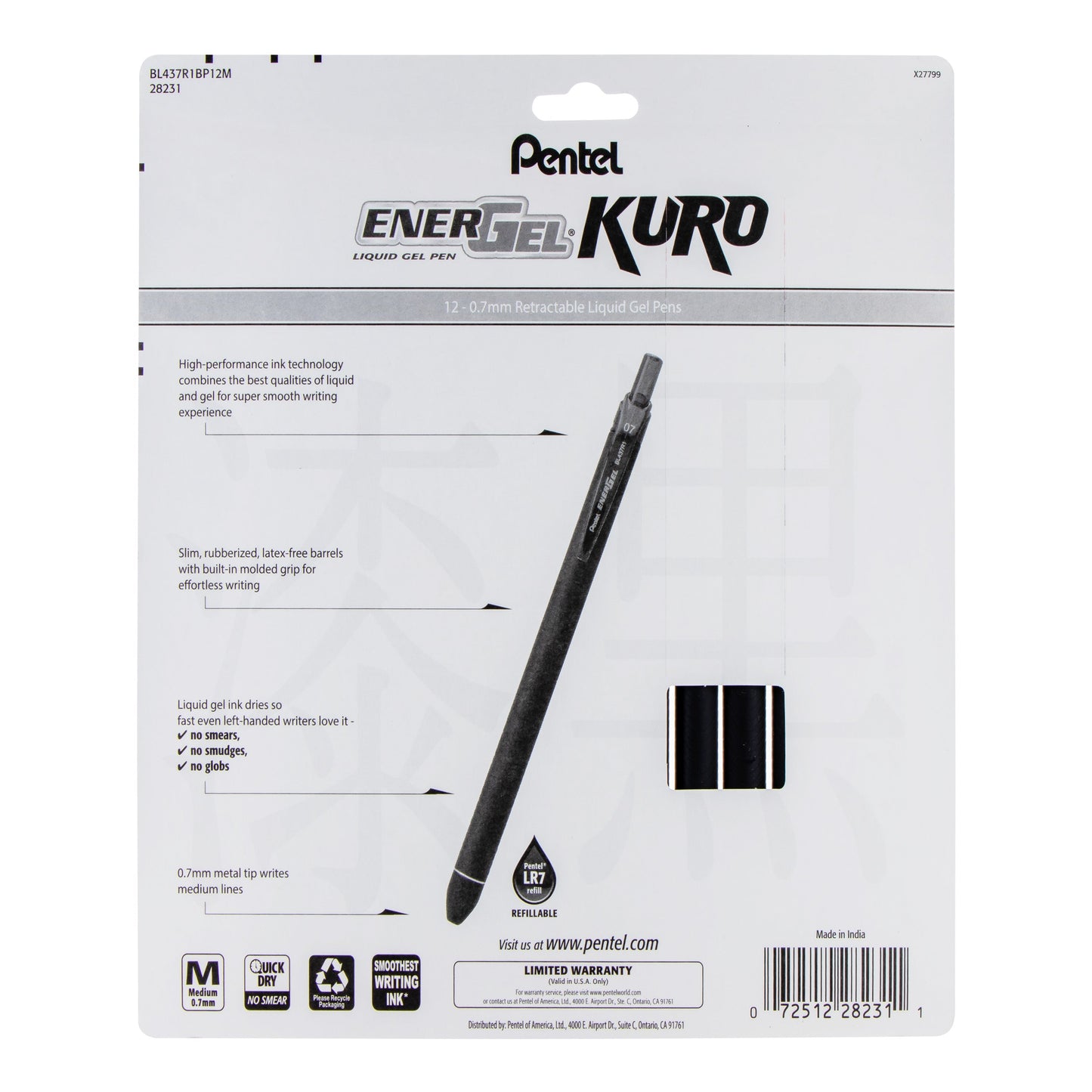 Pentel EnerGel Kuro Liquid Gel Pen, (0.7mm) Medium line, Assorted Ink (A,B,C,CA,D,E,F,K,P,S,S3,V), 12-pk (BL437R1BP12M)