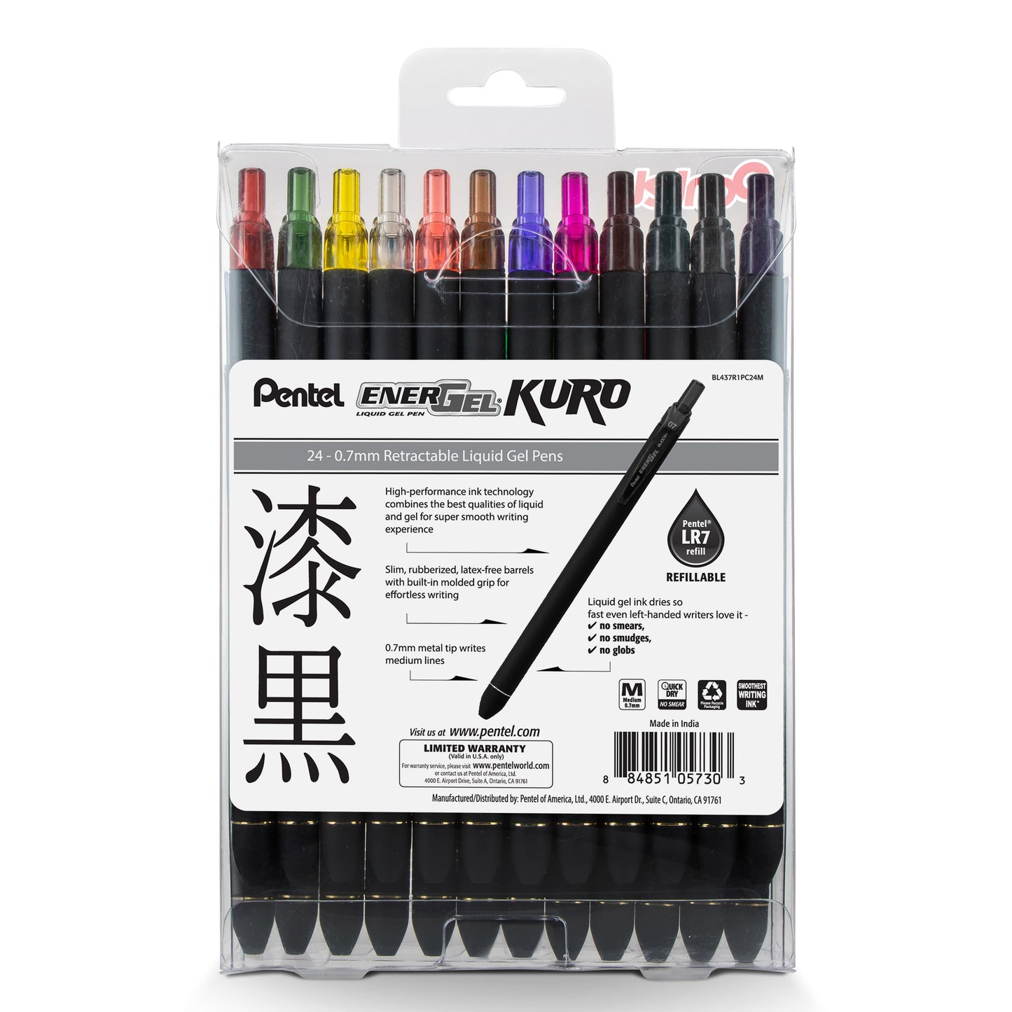 EnerGel Kuro Liquid Gel Pen, (0.7mm) Medium line, Assorted Ink, 24-pk (BL437R1PC24M)