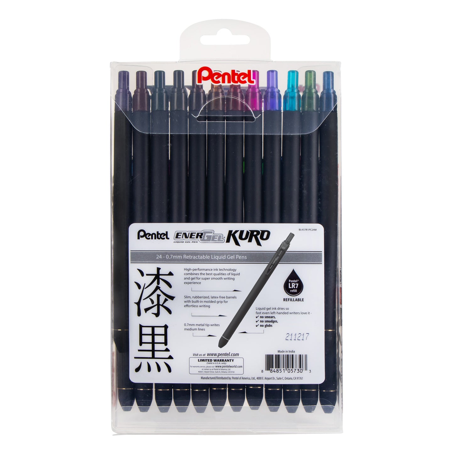 EnerGel Kuro Liquid Gel Pen, (0.7mm) Medium line, Assorted Ink, 24-pk (BL437R1PC24M)