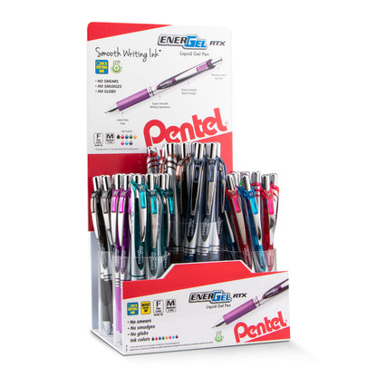 EnerGel RTX Retractable Liquid Gel Pen, (0.7mm) Metal Tip, Medium Line, Assorted Ink Colors, Open Stock Display - 72 Pieces (BL77-6)