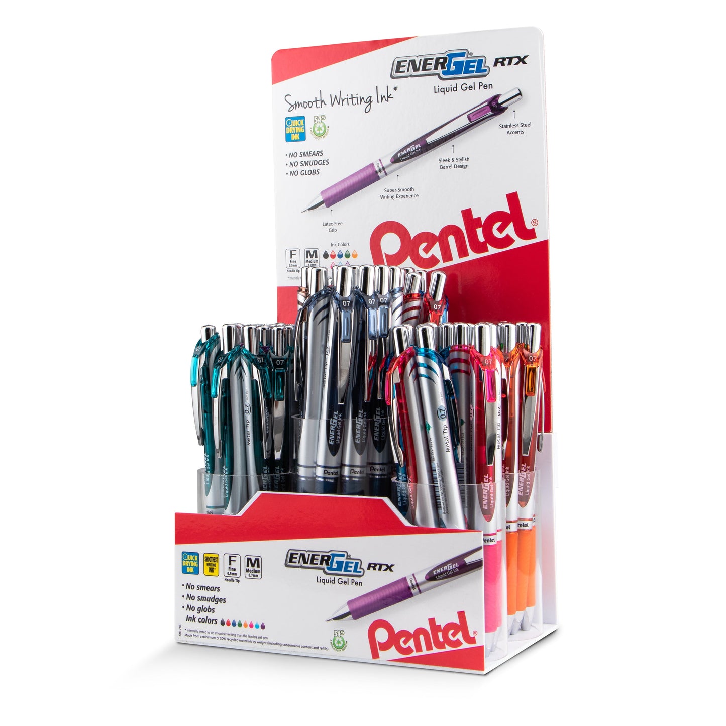 EnerGel RTX Retractable Liquid Gel Pen, (0.7mm) Metal Tip, Medium Line, Assorted Ink Colors, Open Stock Display - 72 Pieces (BL77-6)