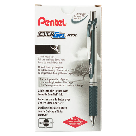Pentel EnerGel RTX Retractable Liquid Gel Pen, (0.7mm) Metal Tip, Medium Line, Black Ink (BL77-A), 48 Dozen