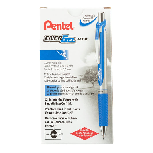 Pentel EnerGel RTX Retractable Liquid Gel Pen, (0.7mm) Metal Tip, Medium Line, Blue Ink (BL77-C)