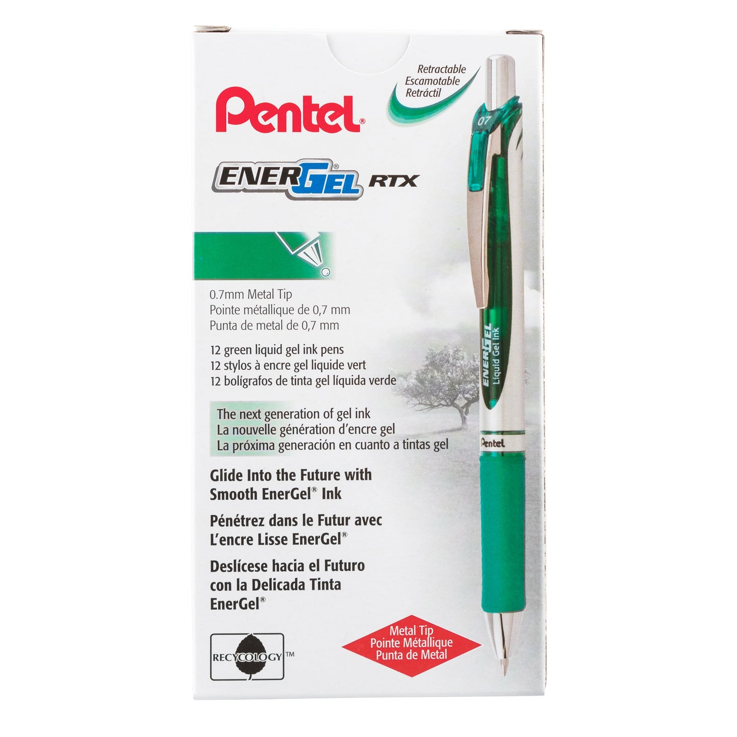 Pentel EnerGel RTX Retractable Liquid Gel Pen, (0.7mm) Metal Tip, Medium Line,Green Ink (BL77-D)