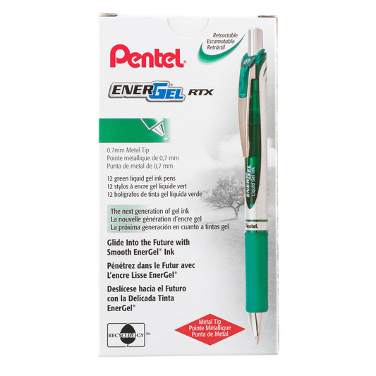 Pentel EnerGel RTX Retractable Liquid Gel Pen, (0.7mm) Metal Tip, Medium Line,Green Ink (BL77-D), 48 Dozen