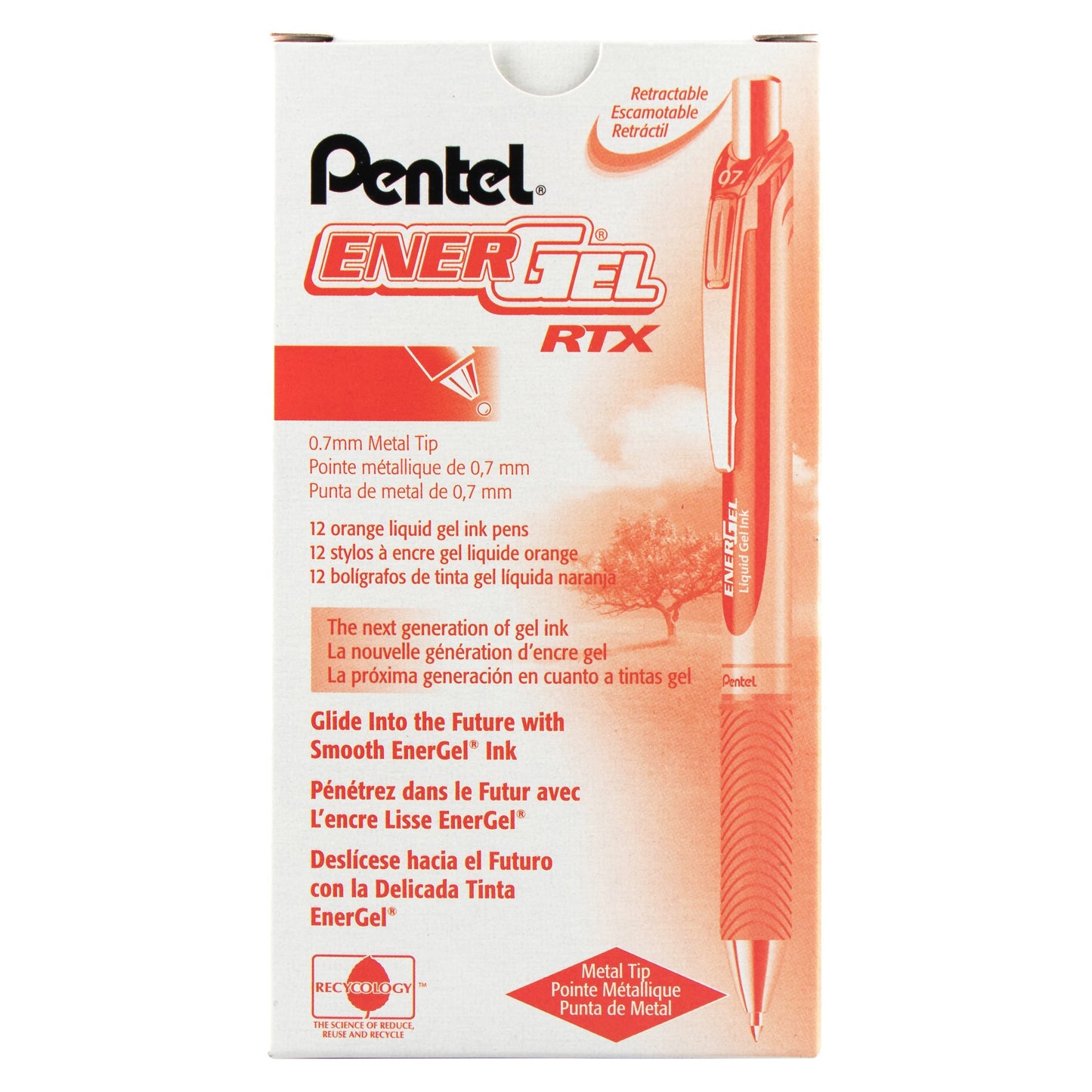 Pentel EnerGel RTX Retractable Liquid Gel Pen, (0.7mm) Metal Tip, Medium Line,Orange Ink (BL77-F)