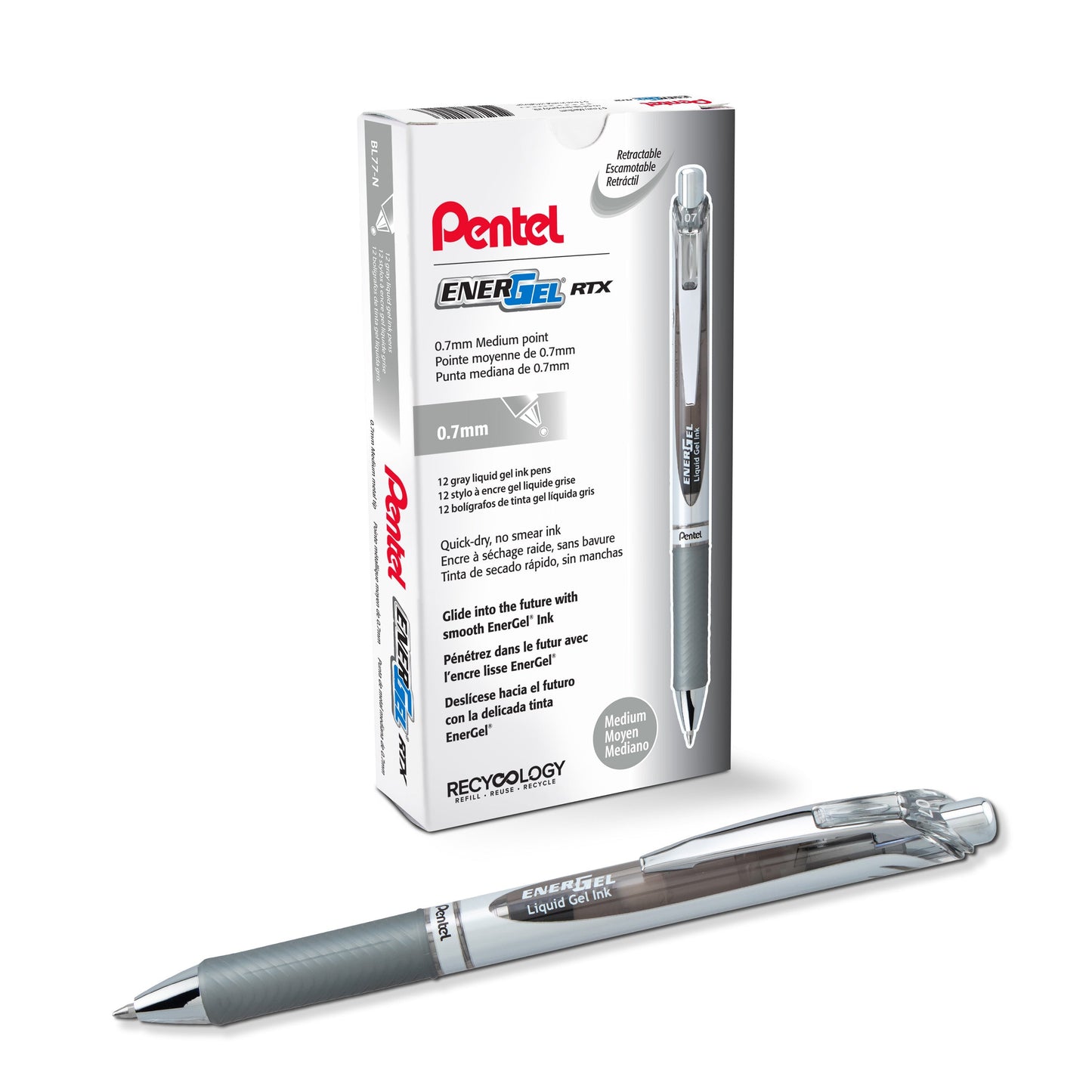 Pentel EnerGel RTX Retractable Liquid Gel Pen, (0.7mm) Medium line, Gray Ink (BL77-N)