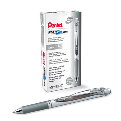 Pentel EnerGel RTX Retractable Liquid Gel Pen, (0.7mm) Medium line, Gray Ink (BL77-N)