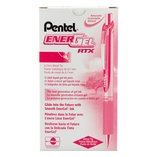 Pentel EnerGel RTX Retractable Liquid Gel Pen, (0.7mm) Metal Tip, Medium Line, Pink Ink (BL77-P), 48 Dozen