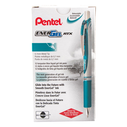 Pentel EnerGel RTX Retractable Liquid Gel Pen, (0.7mm) Metal Tip, Medium Line, Turquoise Ink (BL77-S3), 48 Dozen
