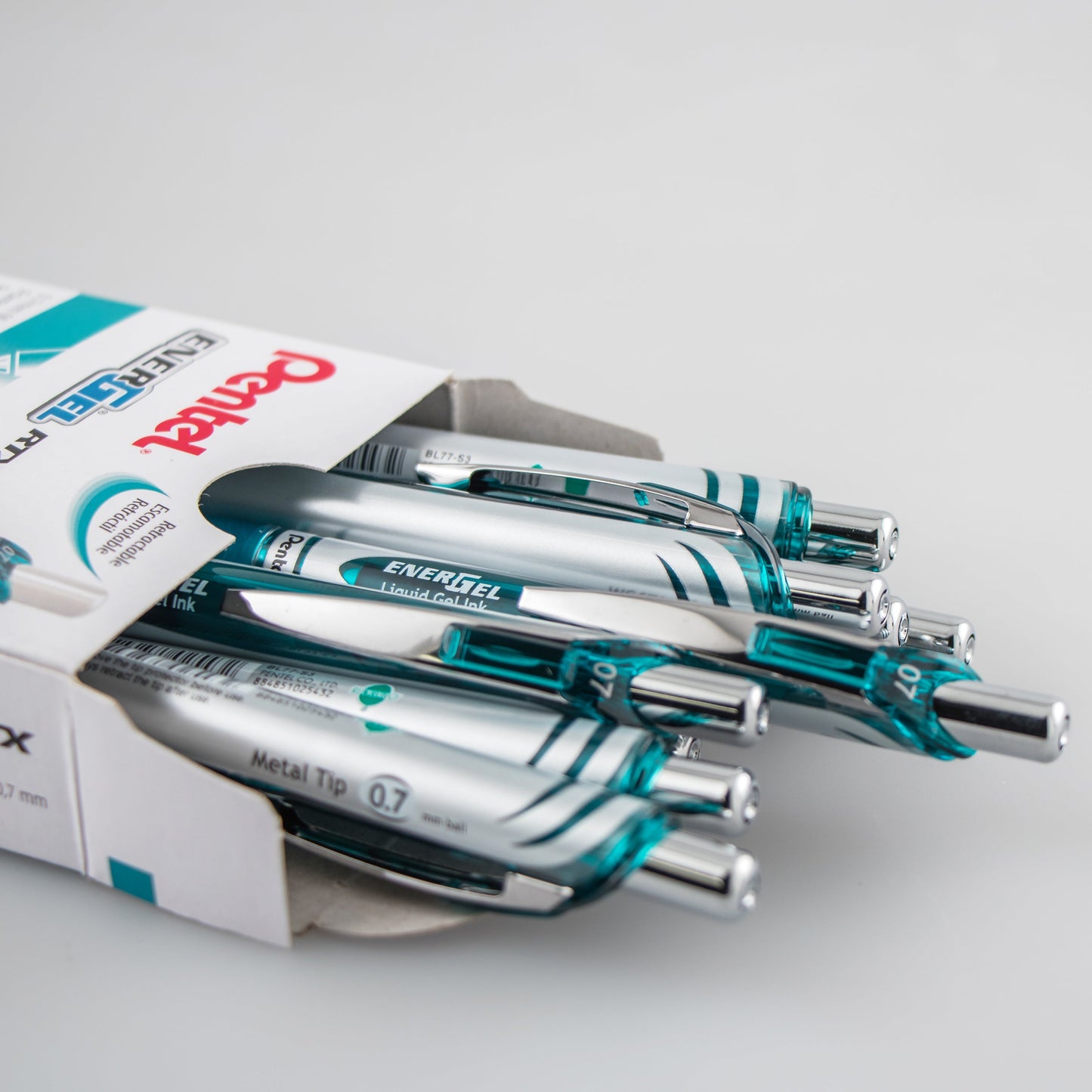 Pentel EnerGel RTX Retractable Liquid Gel Pen, (0.7mm) Metal Tip, Medium Line, Turquoise Ink (BL77-S3), 48 Dozen