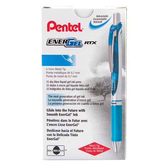 Pentel EnerGel RTX Retractable Liquid Gel Pen, (0.7mm) Metal Tip, Medium Line, Sky Blue Ink (BL77-S), 48 Dozen