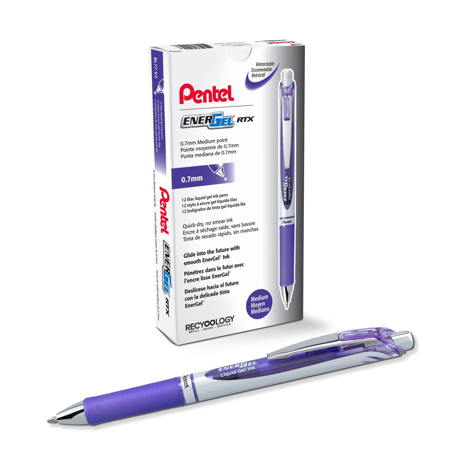 Pentel EnerGel RTX Retractable Liquid Gel Pen, (0.7mm) Medium line, Lilac Ink (BL77-V3)