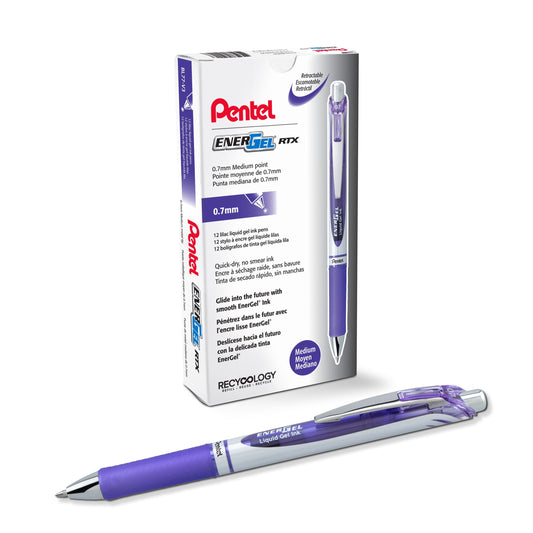 Pentel EnerGel RTX Retractable Liquid Gel Pen, (0.7mm) Medium line, Lilac Ink (BL77-V3)