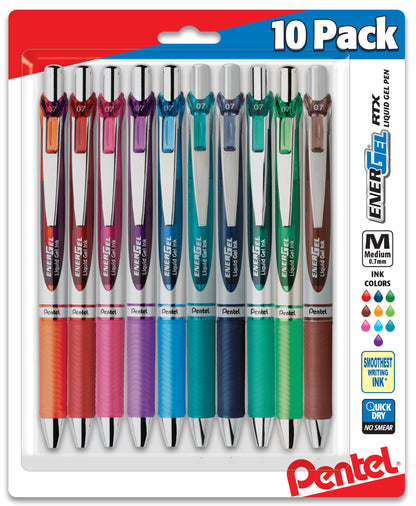 Pentel EnerGel RTX Retractable Liquid Gel Pen, (0.7mm) Medium Line, Metal Tip, Assorted Ink (B/P/F/D/S/CA/E/K/V/S3) 10-Pk (BL77BP10M), 48 Each