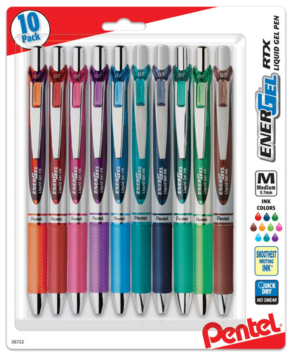 Pentel EnerGel RTX Retractable Liquid Gel Pen, (0.7mm) Medium Line, Metal Tip, Assorted Ink (B/P/F/D/S/CA/E/K/V/S3) 10-Pk (BL77BP10M), 48 Each