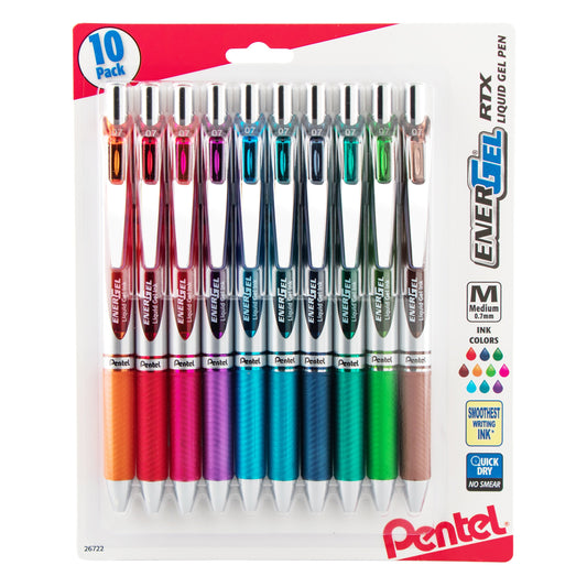 Pentel EnerGel RTX Retractable Liquid Gel Pen, (0.7mm) Medium Line, Metal Tip, Assorted Ink (B/P/F/D/S/CA/E/K/V/S3) 10-Pk (BL77BP10M)