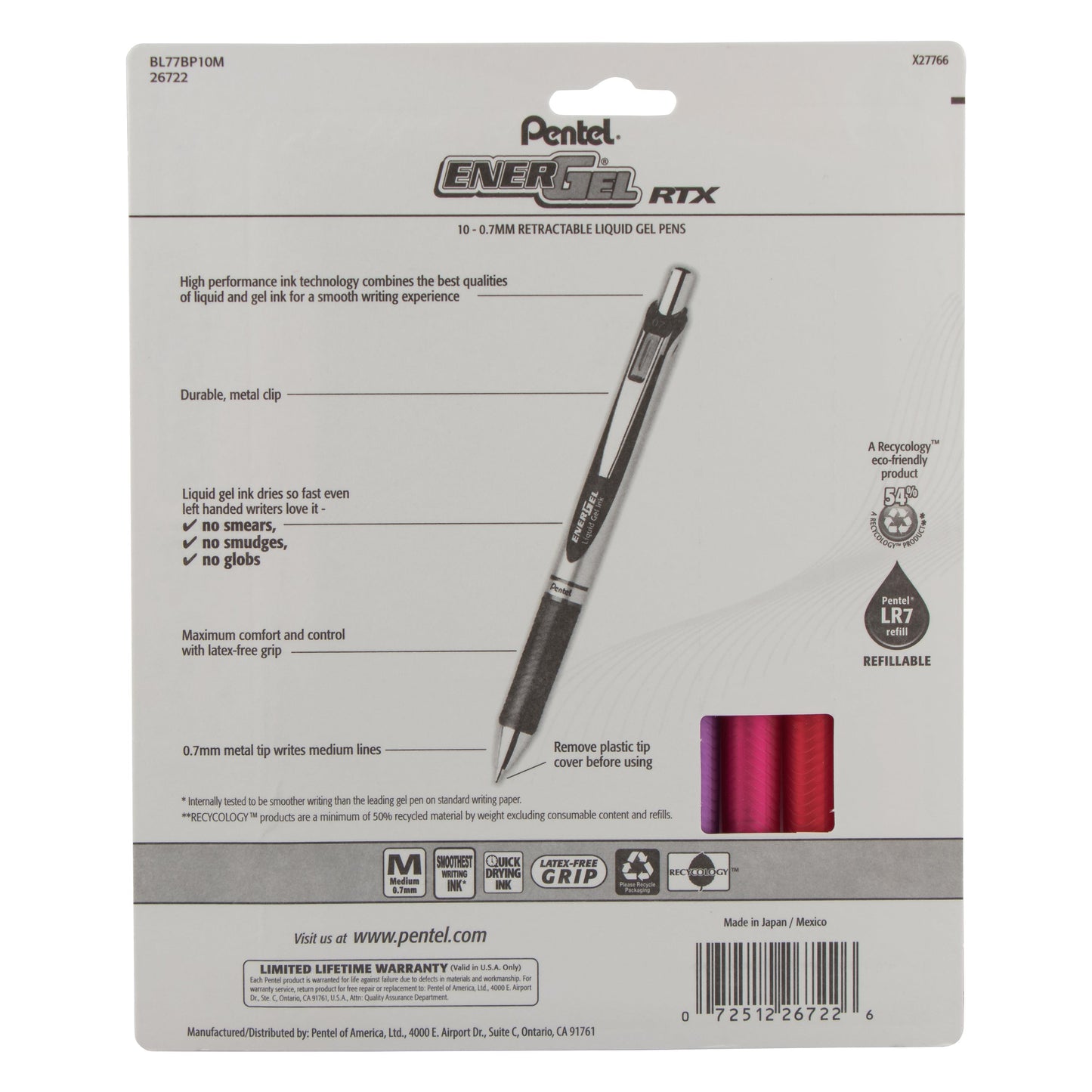 Pentel EnerGel RTX Retractable Liquid Gel Pen, (0.7mm) Medium Line, Metal Tip, Assorted Ink (B/P/F/D/S/CA/E/K/V/S3) 10-Pk (BL77BP10M), 48 Each