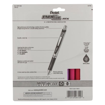 Pentel EnerGel RTX Retractable Liquid Gel Pen, (0.7mm) Medium Line, Metal Tip, Assorted Ink (B/P/F/D/S/CA/E/K/V/S3) 10-Pk (BL77BP10M), 48 Each
