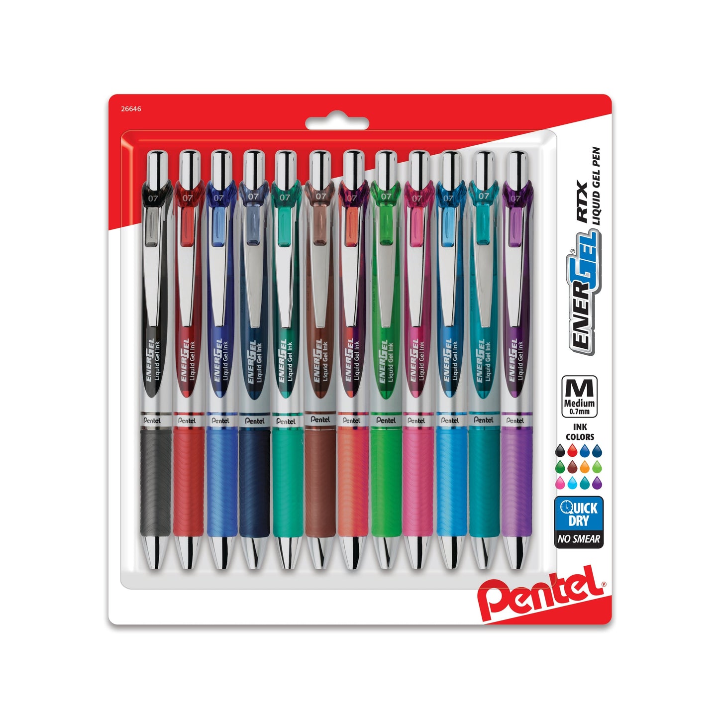 Pentel EnerGel RTX Retractable Liquid Gel Pen, (0.7mm) Medium Line, Assorted Ink (A/B/C/CA/D/E/F/K/P/S/S3/V),12-Pk (BL77BP12M), 24 Each