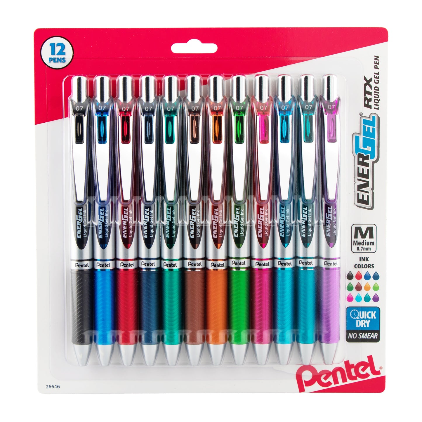 Pentel EnerGel RTX Retractable Liquid Gel Pen, (0.7mm) Medium Line, Assorted Ink (A/B/C/CA/D/E/F/K/P/S/S3/V),12-Pk (BL77BP12M), 24 Each