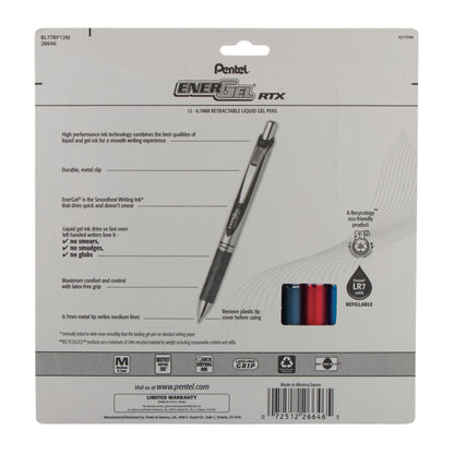 Pentel EnerGel RTX Retractable Liquid Gel Pen, (0.7mm) Medium Line, Assorted Ink (A/B/C/CA/D/E/F/K/P/S/S3/V),12-Pk (BL77BP12M), 24 Each