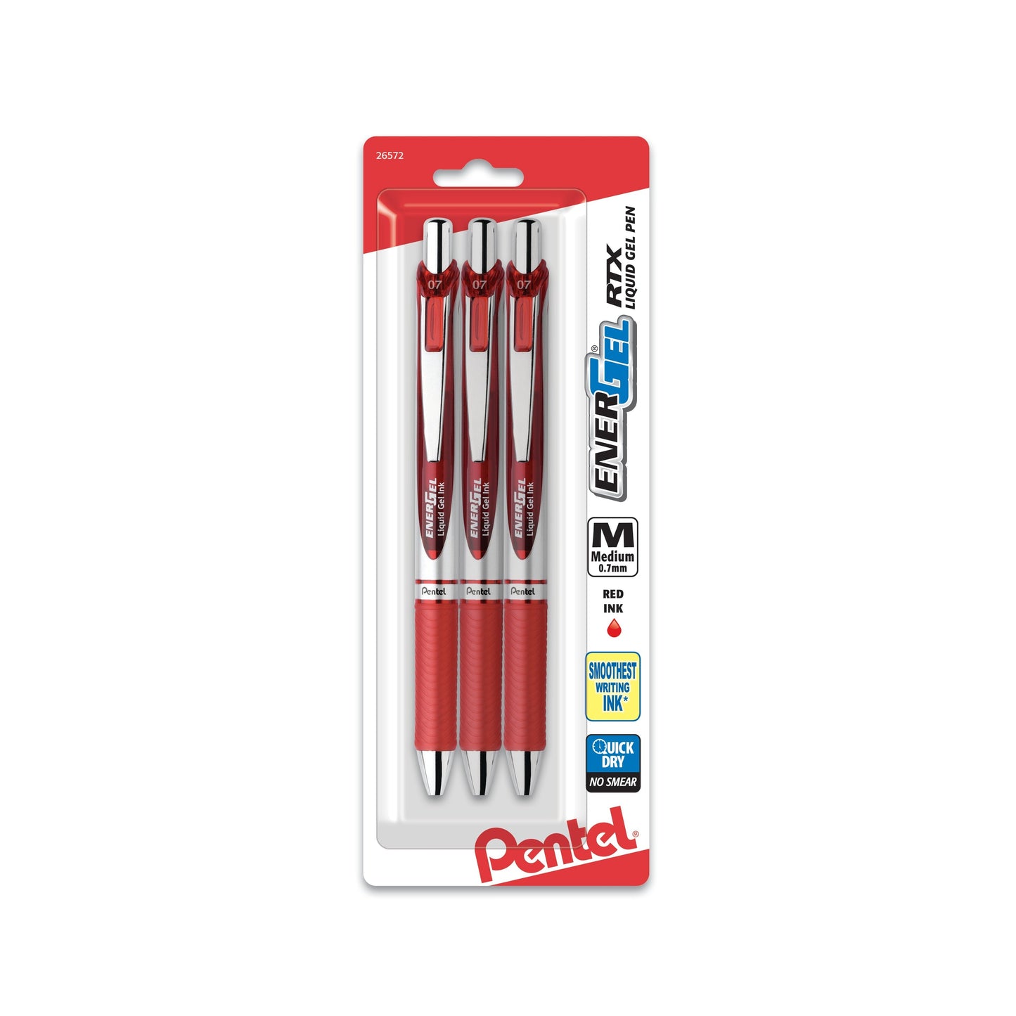 Pentel EnerGel RTX Retractable Liquid Gel Pen, (0.7mm) Metal Tip, Medium Line, Red Ink 3-Pk (BL77BP3B)