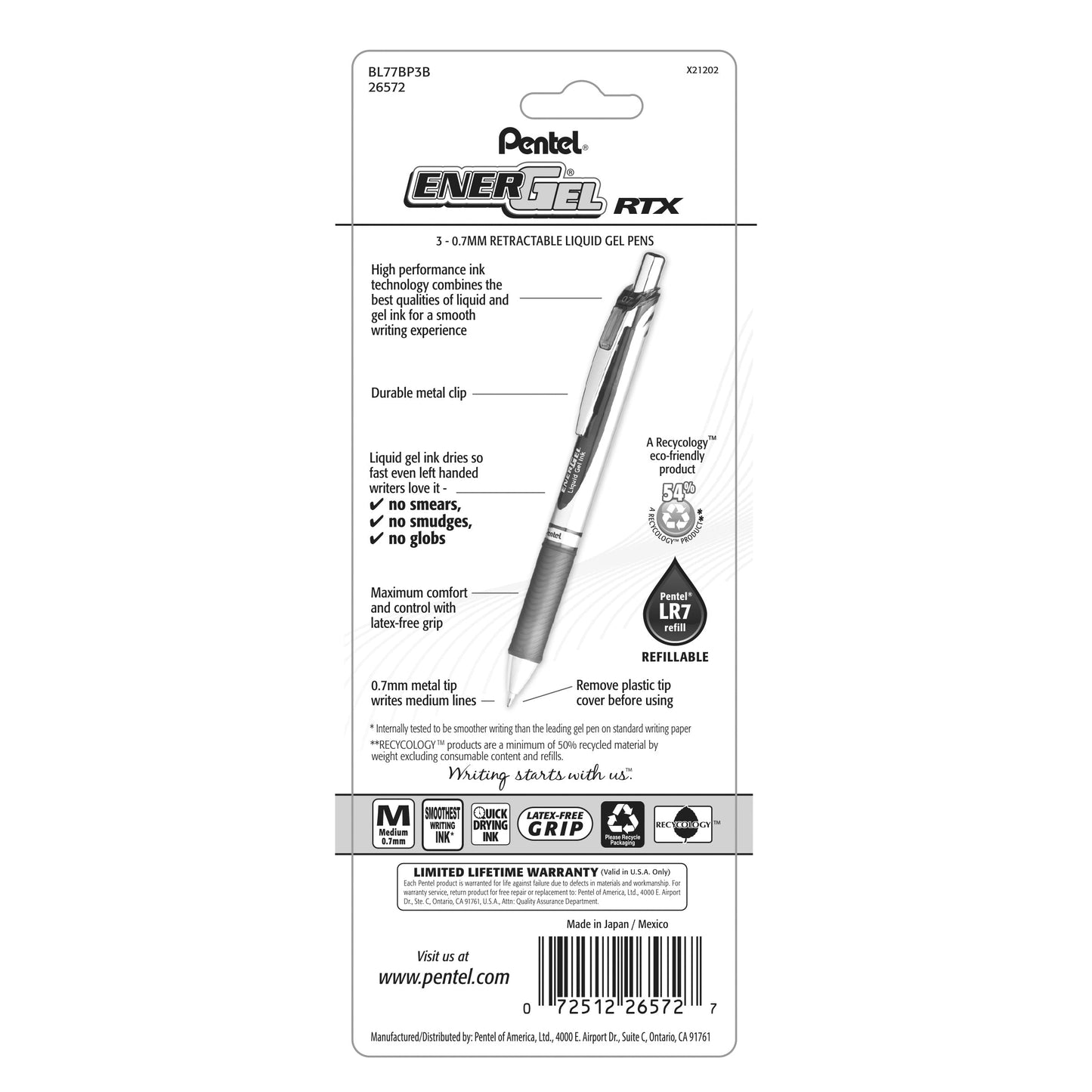 Pentel EnerGel RTX Retractable Liquid Gel Pen, (0.7mm) Metal Tip, Medium Line, Red Ink 3-Pk (BL77BP3B)
