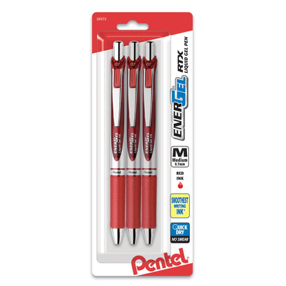 Pentel EnerGel RTX Retractable Liquid Gel Pen, (0.7mm) Metal Tip, Medium Line, Red Ink 3-Pk (BL77BP3B)
