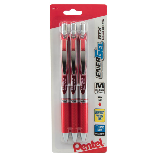 Pentel EnerGel RTX Retractable Liquid Gel Pen, (0.7mm) Metal Tip, Medium Line, Red Ink 3-Pk (BL77BP3B)