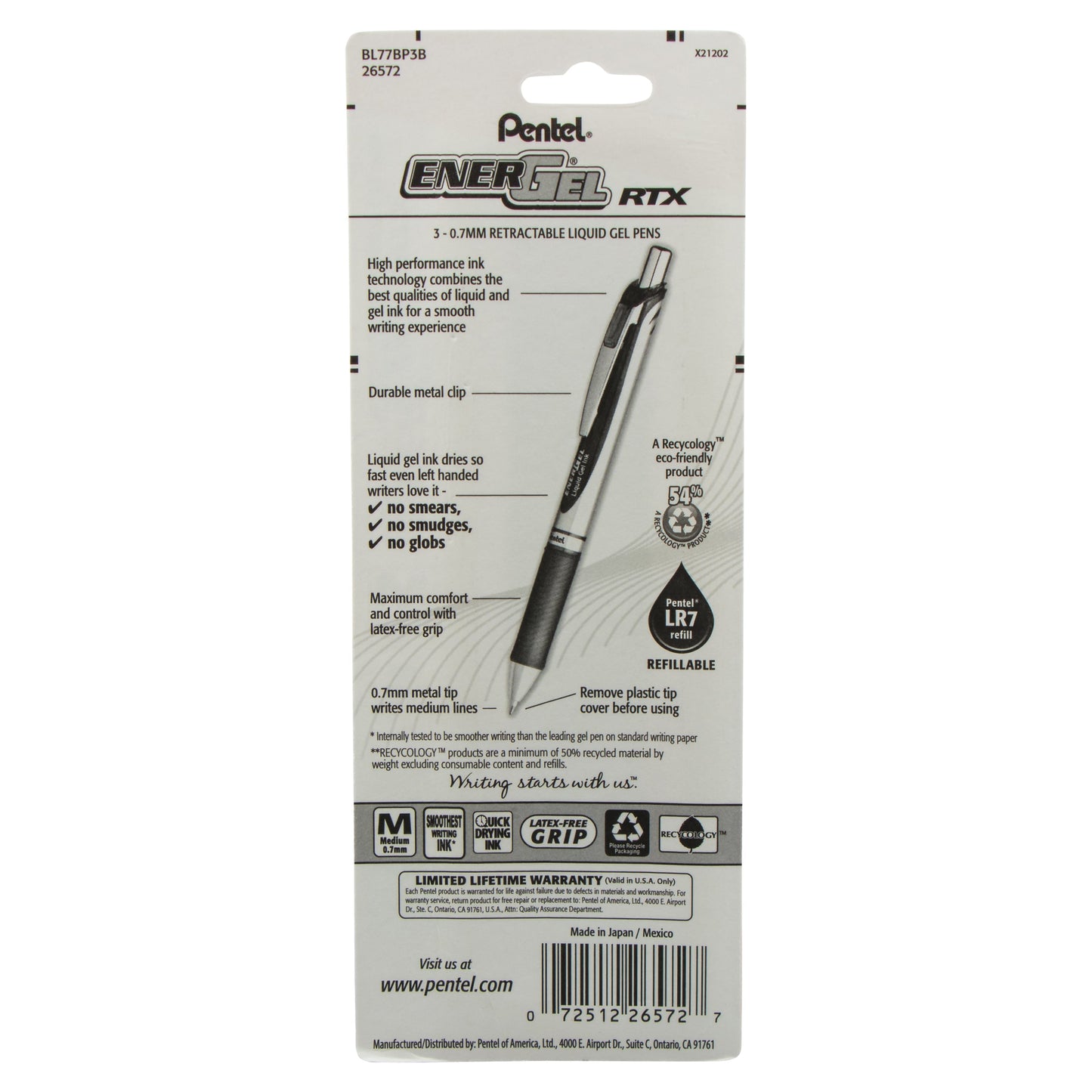 Pentel EnerGel RTX Retractable Liquid Gel Pen, (0.7mm) Metal Tip, Medium Line, Red Ink 3-Pk (BL77BP3B)