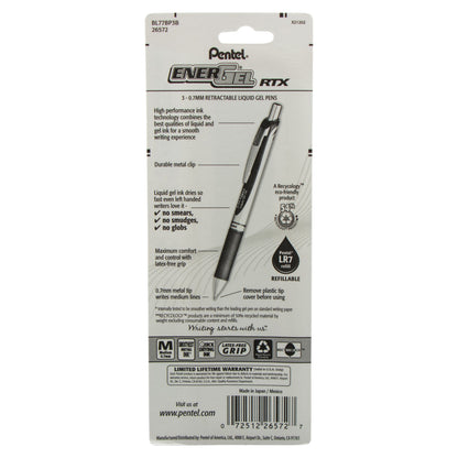Pentel EnerGel RTX Retractable Liquid Gel Pen, (0.7mm) Metal Tip, Medium Line, Red Ink 3-Pk (BL77BP3B)