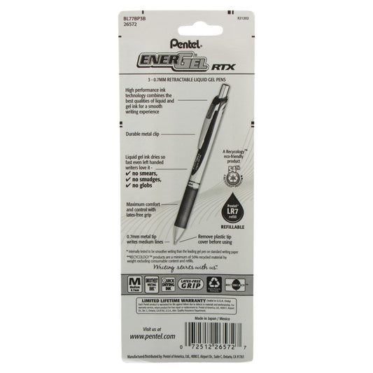 Pentel EnerGel RTX Retractable Liquid Gel Pen, (0.7mm) Metal Tip, Medium Line, Red Ink 3-Pk (BL77BP3B)