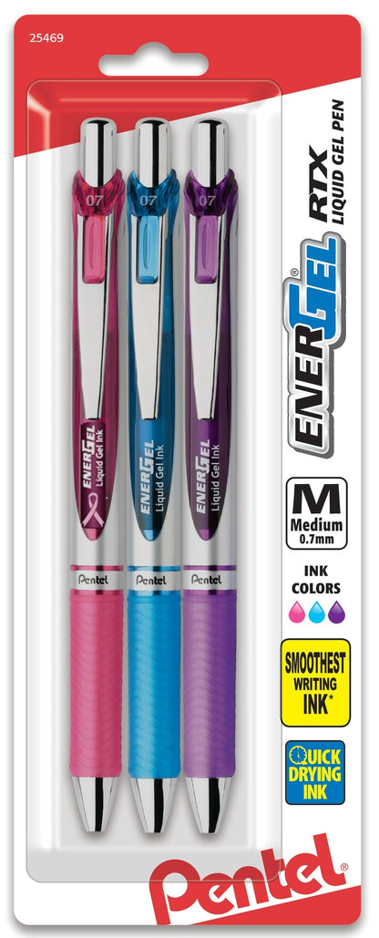 Pentel EnerGel RTX Retractable Liquid Gel Pen, (0.7mm) Metal Tip, Medium Line, Assorted Ink (P/S/V) 3-Pk (BL77BP3M1)