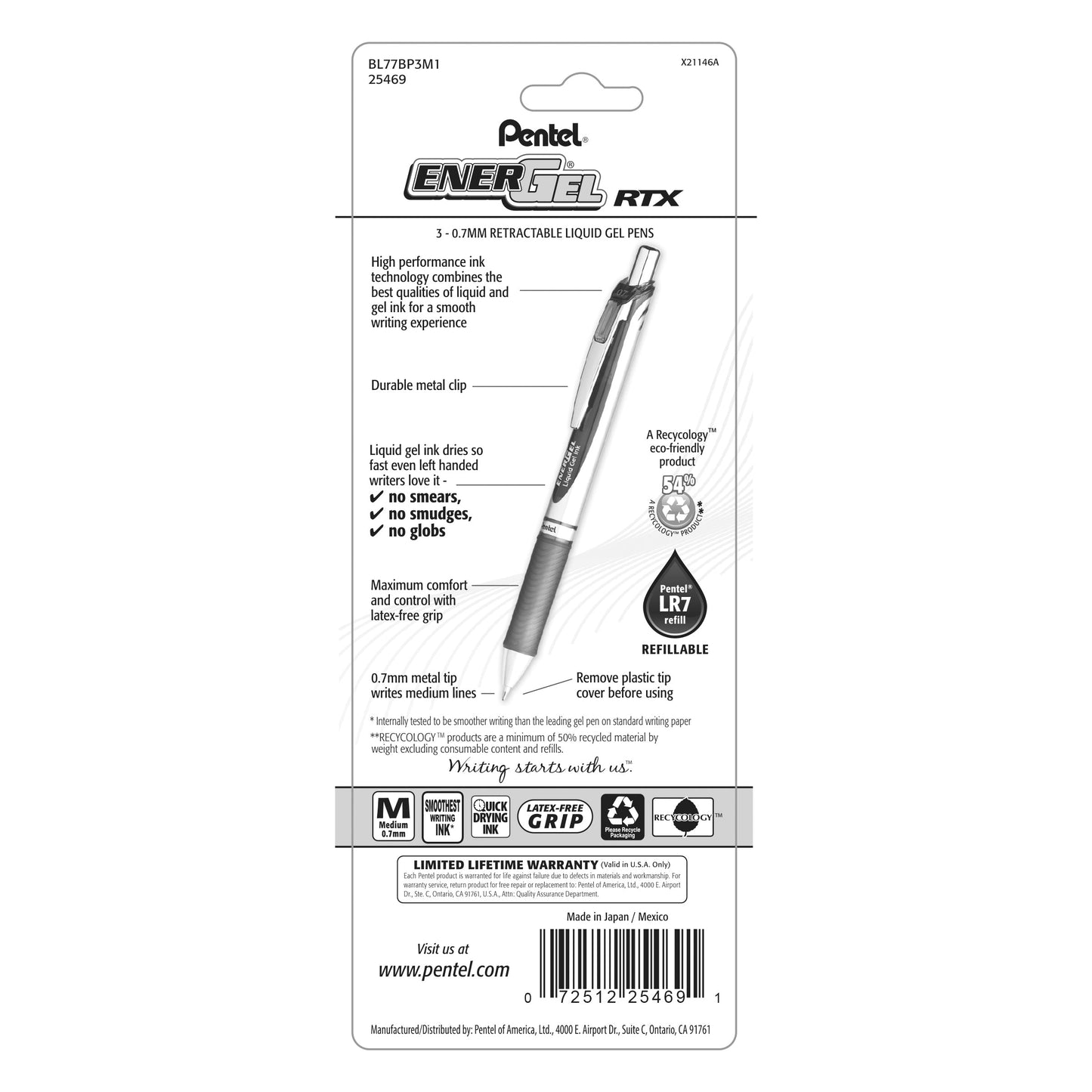 Pentel EnerGel RTX Retractable Liquid Gel Pen, (0.7mm) Metal Tip, Medium Line, Assorted Ink (P/S/V) 3-Pk (BL77BP3M1)