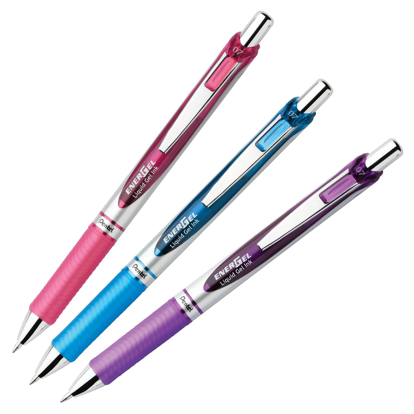 Pentel EnerGel RTX Retractable Liquid Gel Pen, (0.7mm) Metal Tip, Medium Line, Assorted Ink (P/S/V) 3-Pk (BL77BP3M1)