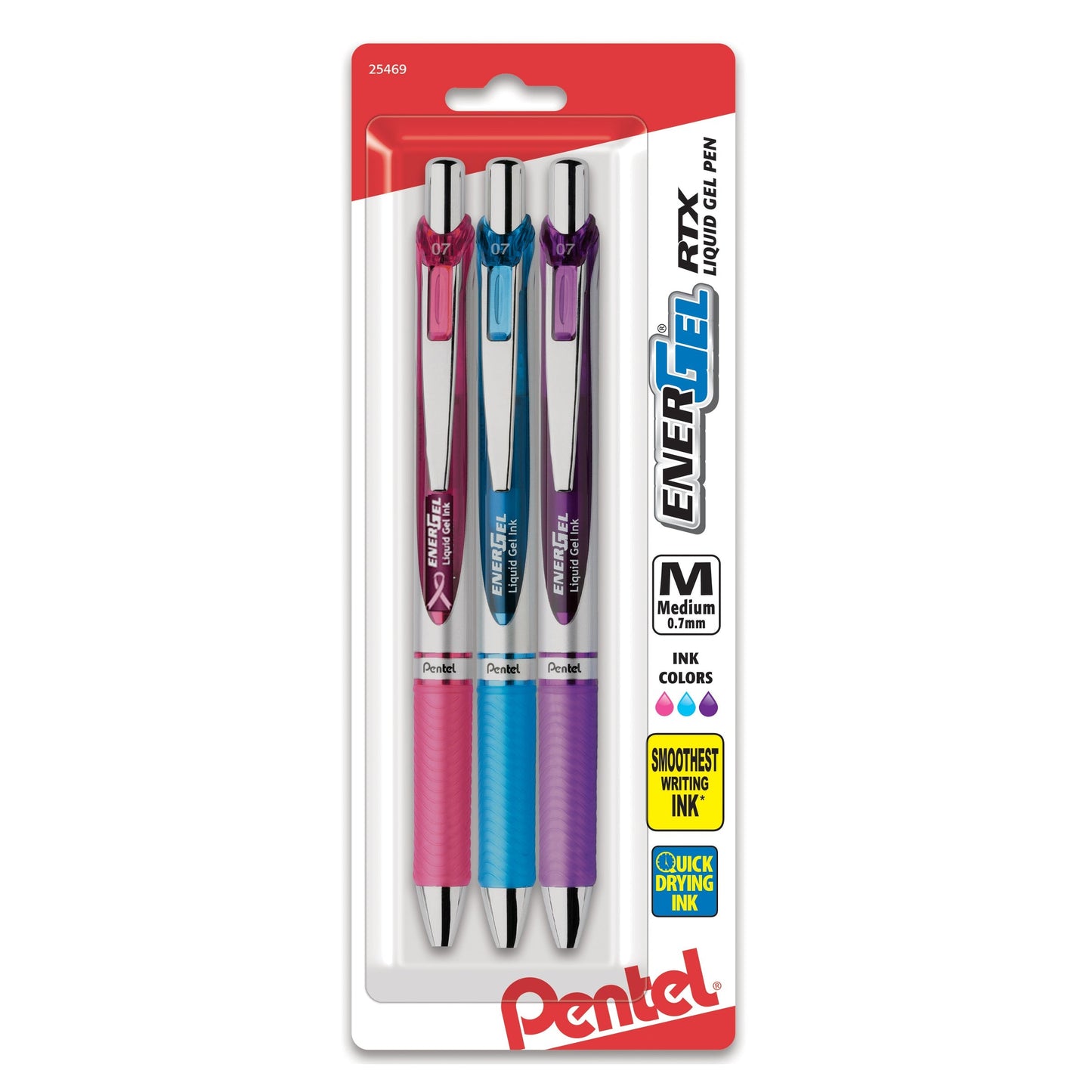 Pentel EnerGel RTX Retractable Liquid Gel Pen, (0.7mm) Metal Tip, Medium Line, Assorted Ink (P/S/V) 3-Pk (BL77BP3M1)