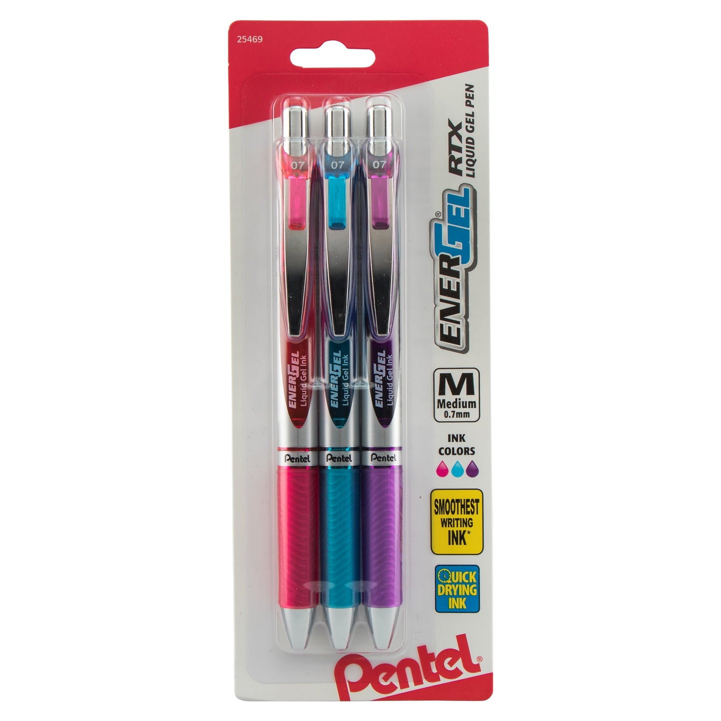 Pentel EnerGel RTX Retractable Liquid Gel Pen, (0.7mm) Metal Tip, Medium Line, Assorted Ink (P/S/V) 3-Pk (BL77BP3M1)