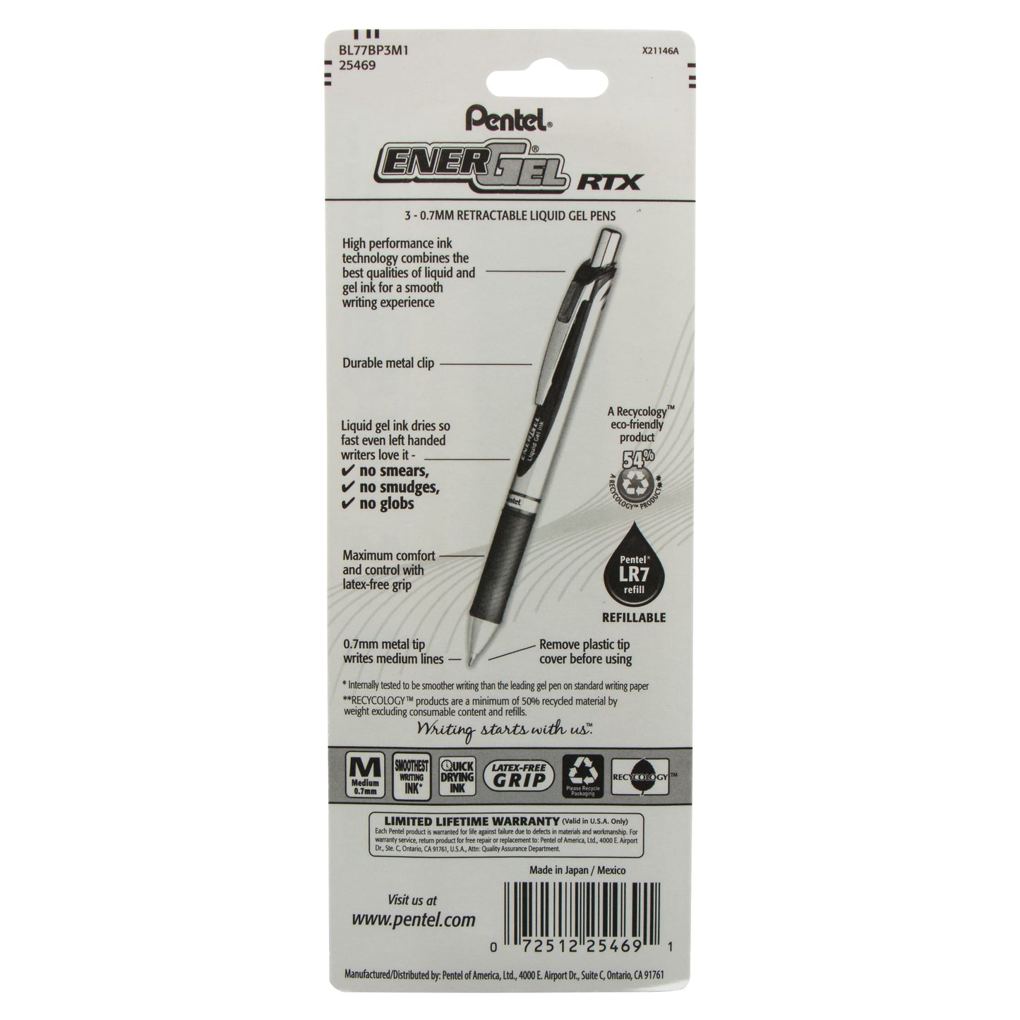 Pentel EnerGel RTX Retractable Liquid Gel Pen, (0.7mm) Metal Tip, Medium Line, Assorted Ink (P/S/V) 3-Pk (BL77BP3M1)
