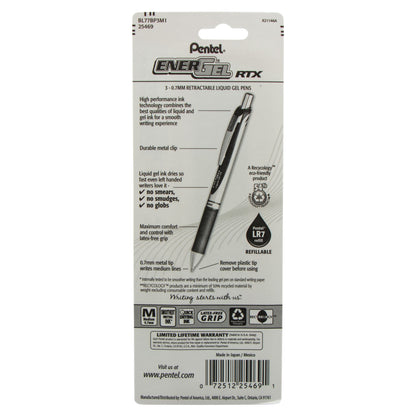 Pentel EnerGel RTX Retractable Liquid Gel Pen, (0.7mm) Metal Tip, Medium Line, Assorted Ink (P/S/V) 3-Pk (BL77BP3M1)