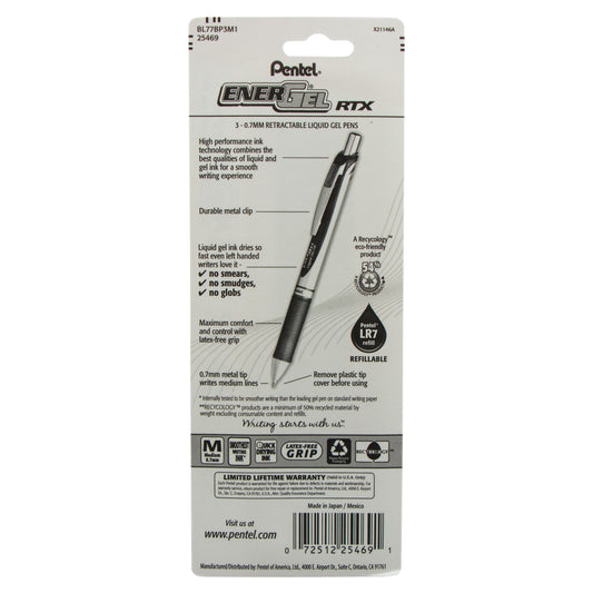 Pentel EnerGel RTX Retractable Liquid Gel Pen, (0.7mm) Metal Tip, Medium Line, Assorted Ink (P/S/V) 3-Pk (BL77BP3M1)