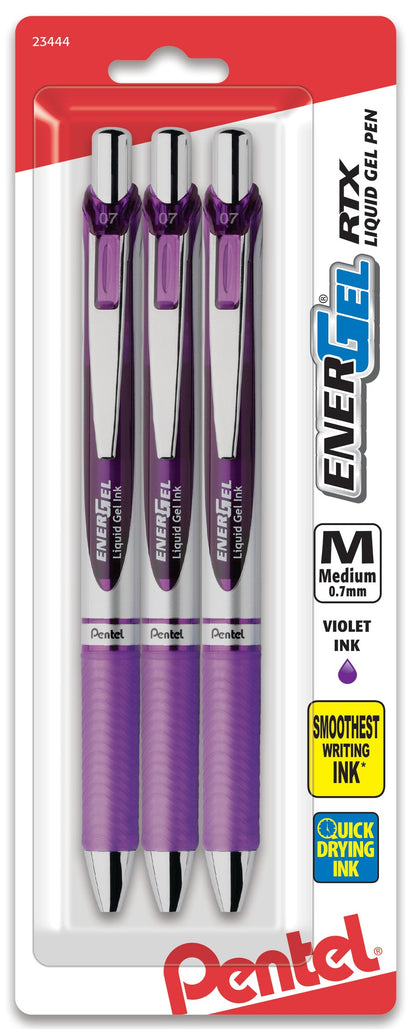 EnerGel RTX Retractable Liquid Gel Pen, (0.7mm) Metal Tip, Medium Line, Violet Ink 3-Pk (BL77BP3V)