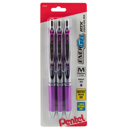 EnerGel RTX Retractable Liquid Gel Pen, (0.7mm) Metal Tip, Medium Line, Violet Ink 3-Pk (BL77BP3V)
