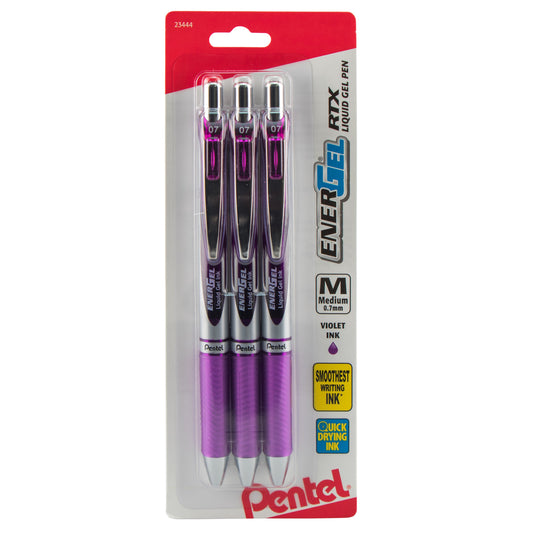 EnerGel RTX Retractable Liquid Gel Pen, (0.7mm) Metal Tip, Medium Line, Violet Ink 3-Pk (BL77BP3V)